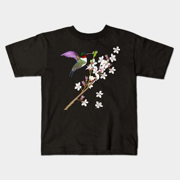 Bird Humming bird extracting nectar from the First cherry blossoms of spring. Japanese Sakura Kids T-Shirt by Artonmytee